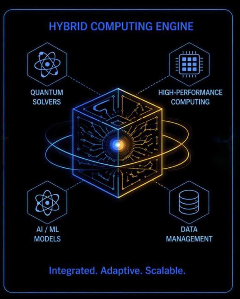 Hybrid computing engine — quantum solvers, HPC, AI/ML and data management